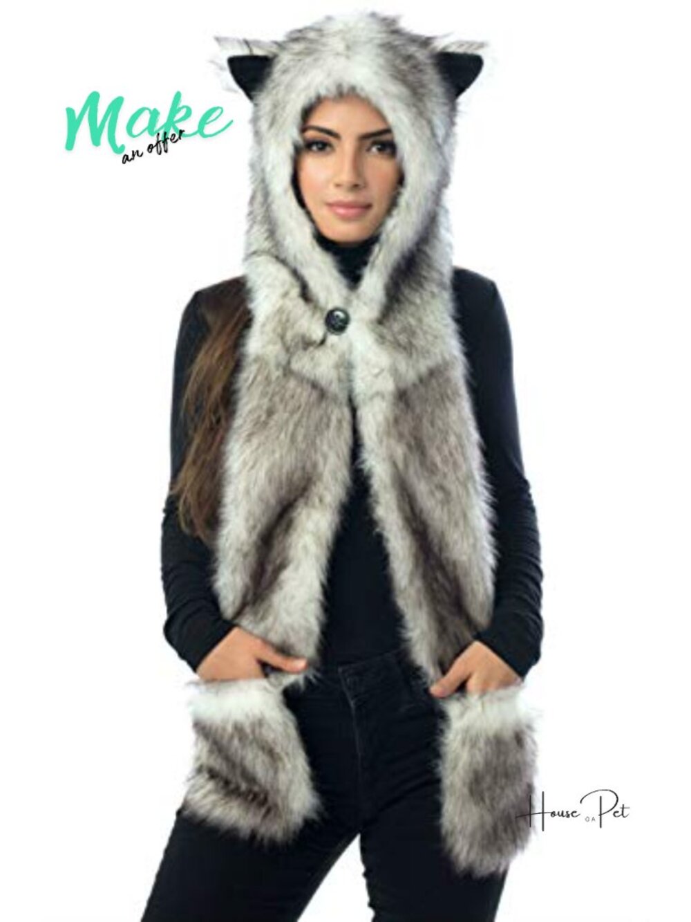 Faux Fur Wolf Hood Hat Scarf Mittens 3-in-1 Cosplay Costume